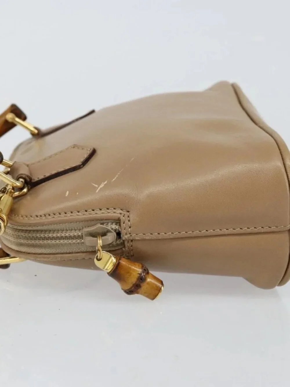 GUCCI Bamboo Hand Bag Leather 2way Beige Gold 007 2865 0231 Auth